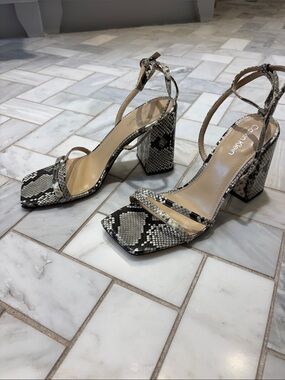 Calvin Klein Snake-Print Strappy Block Heel Sandals - Beige/Black - worn once!